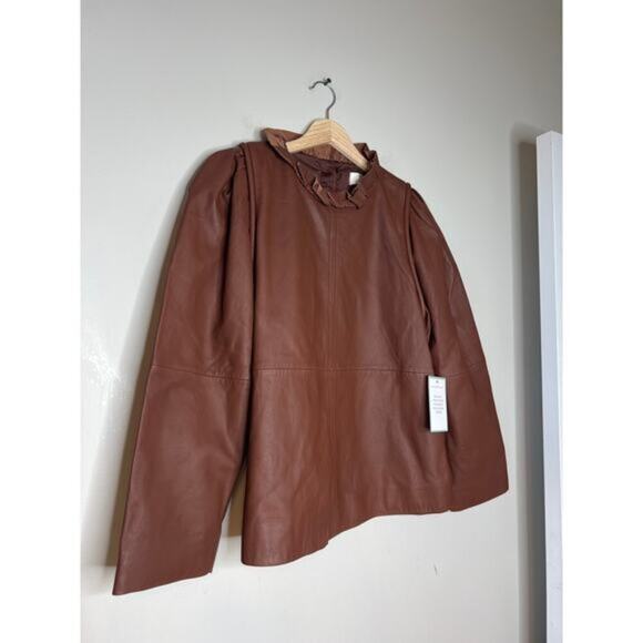 NEW Sea New York Lora Leather Back Buttoned Ruffled Neck Top Caramel Brown - Picture 3 of 7